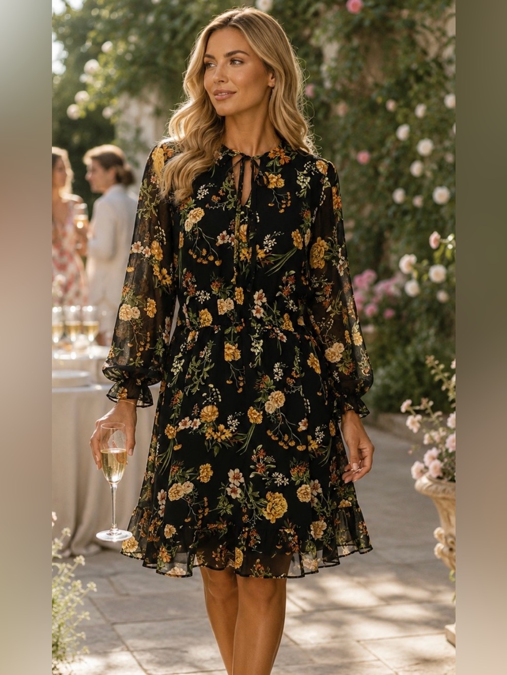 House Collection Floral Chiffon Mini Dress Sheer Sleeve Boho Cottagecore XS S M